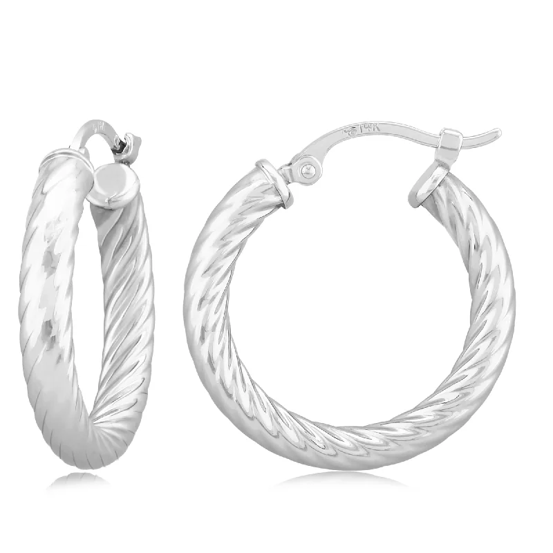 Matte hoop earrings with subtle stone ear finishes -14K White Gold 3X17mm Twist Tube Hoop Earrings