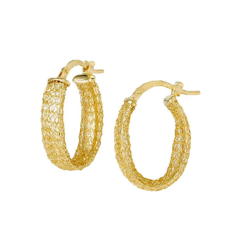 Vibrant hoop earrings with multicolor stone ear arrays -14k Gold Braided Mesh Oval Hoop Earrings