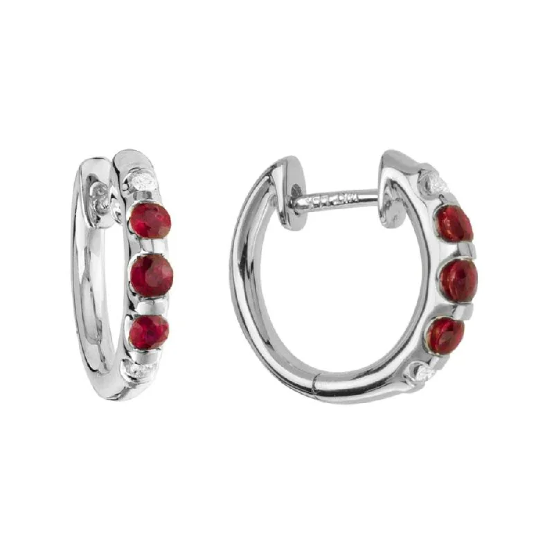 Charm hoop earrings with dangling stone ear accents -14k White Gold Ruby & Diamond Hoop Earrings