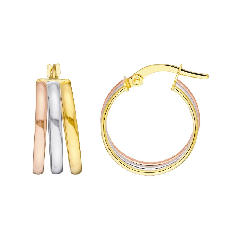 Soft hoop earrings with rose-cut stone ear glow -14k Tri-Tone Triple Hoop Earrings