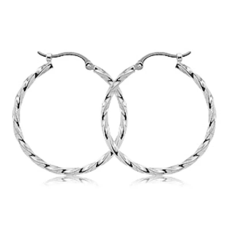 Matte hoop earrings with subtle stone ear finishes -14k White Gold Twisted Hoop Earrings