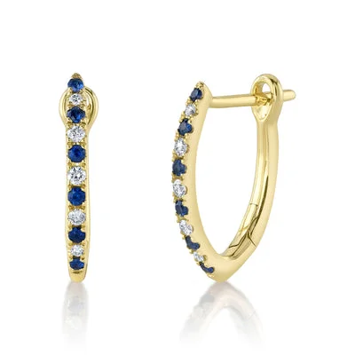 Sleek hoop earrings ideal for subtle daily ear elegance -14K Yellow Gold 0.23ctw Blue Sapphire & Diamond Pointed Hoop Earrings by Shy Creation