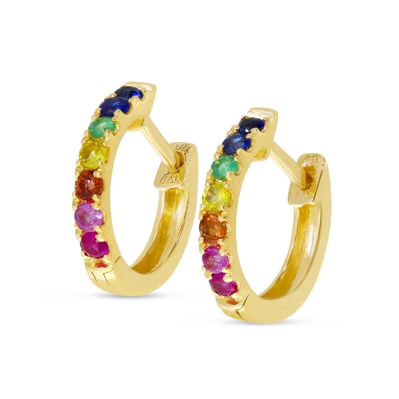 Hoop earrings with opal for iridescent ear brilliance -14K Yellow Gold 0.32ctw Rainbow Sapphire Huggie Hoop Earrings by Brevani