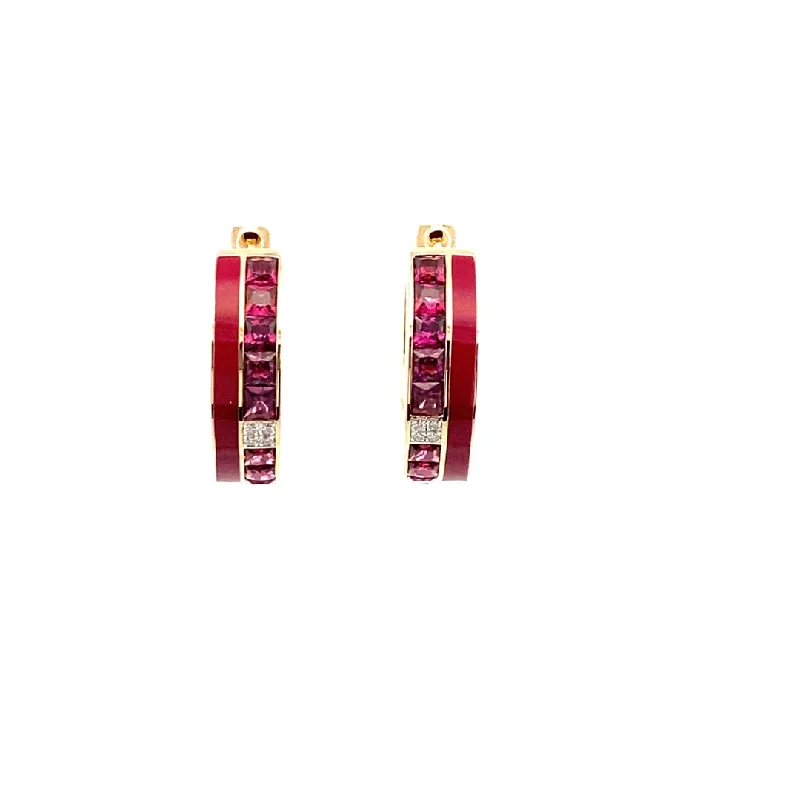 Hoop earrings featuring floral stones for sweet ear beauty -14K Yellow Gold 3.28ctw Rhodolite Garnet, Diamond & Enamel Hoop Earrings by Bellarri