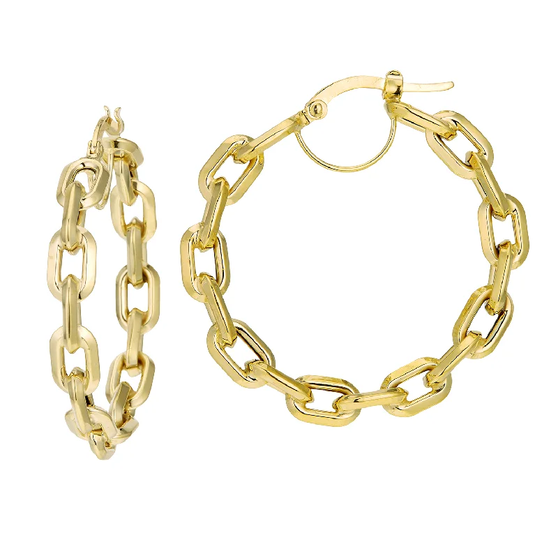 Hoop earrings with retro stone hoop settings charm -14K Yellow Gold Chain Hoop Earrings