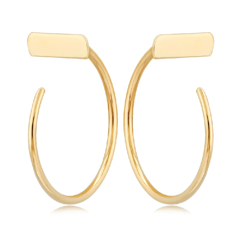 Hoop earrings inspired by nature with floral stones -14k Yellow Gold Hoop with Bar Top