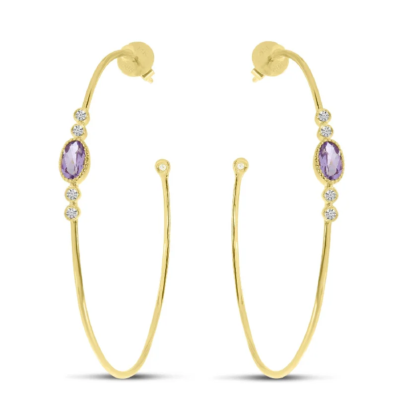 Wild hoop earrings with raw stone ear charm -14K Yellow Gold Oval Amethyst & Diamond Hoop Earrings