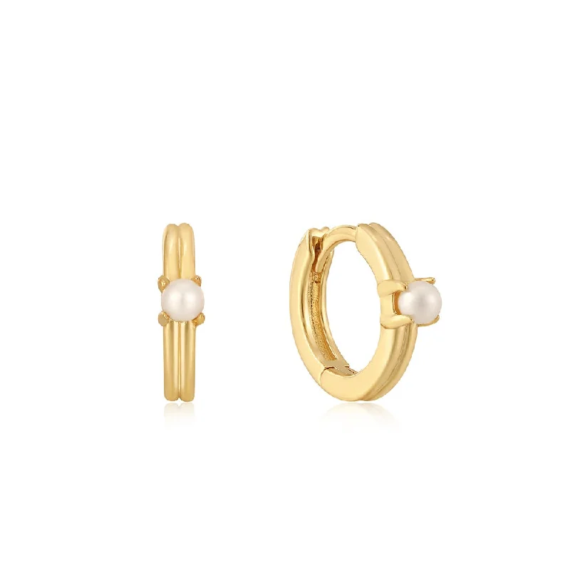 Quartz hoop earrings with clear stone ear elegance -14K Yellow Gold Plated Pearl Huggie Hoop Earrings by Ania Haie