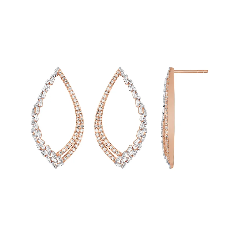 Tribal hoop earrings with ethnic stone ear flair -14K Rose Gold 1Ct Diamond Waterfall Post Earrings