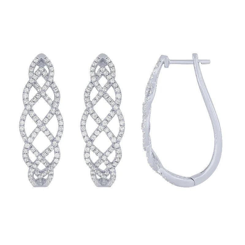 Brushed hoop earrings with rough stone ear texture -14K White Gold 1Ct Diamond Fashion Hoop Earrings