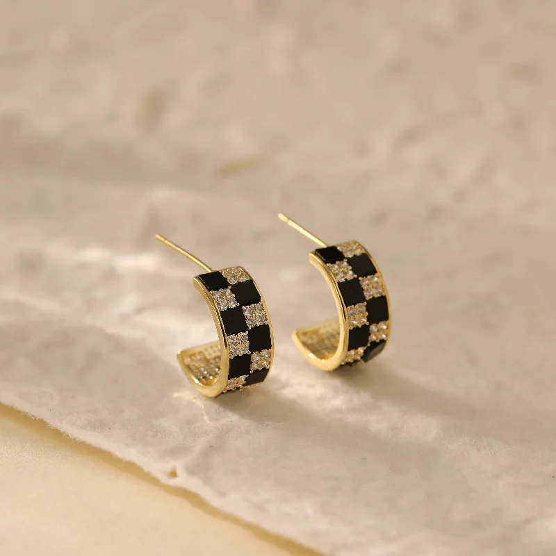 Hoop earrings featuring sunstone for warm stone ear glow -Black and White Checkerboard Gold Hoop Earrings