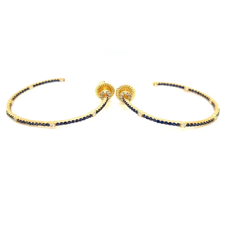 Hoop earrings with thin hoops for light wear -18K Yellow Gold 2.13ctw Blue Sapphire & Diamond Inside Out Hoop Earrings