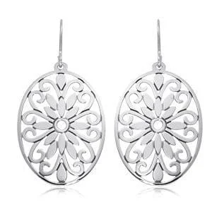 Charm hoop earrings with dangling stone ear accents -Sterling Silver Oval Center Floral Earrings