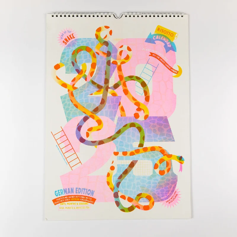 Brushed hoop earrings with rough stone ear texture -A3 Risograph Wall Calendar - 2025