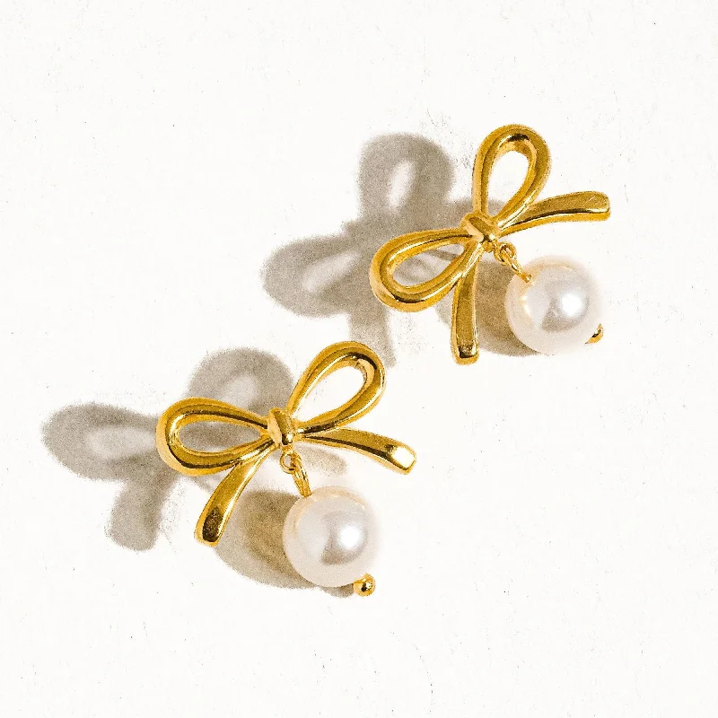 Hoop earrings made with recycled metal sustainability -Aleah Gold Non-Tarnish Bow Pearl Earring