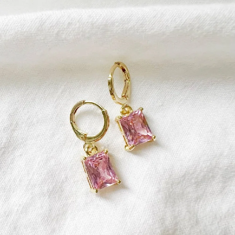 Hoop earrings perfect for holidays with festive stones -Arden Pink CZ Baguette Huggie Hoops Gold Filled Earrings