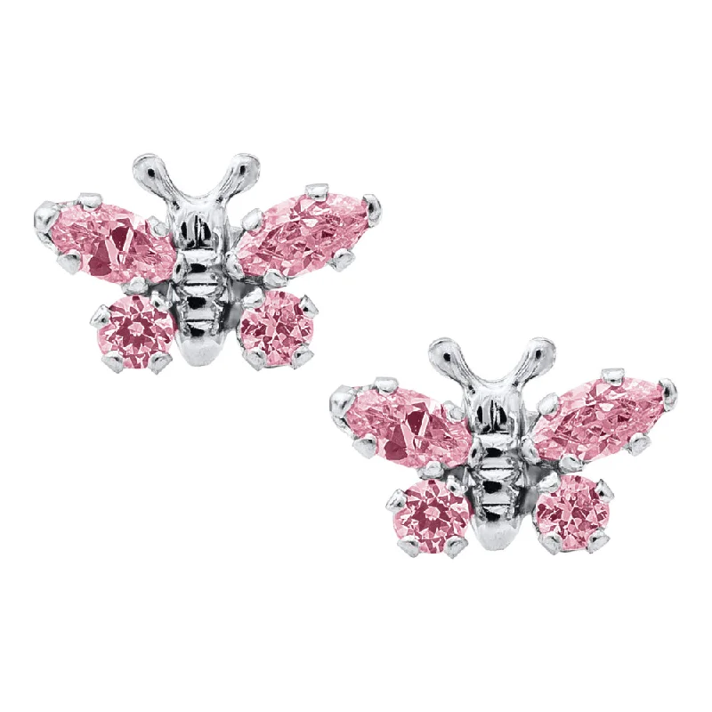 Hoop earrings featuring floral stones for sweet ear beauty -Children's SS Pink CZ Butterfly Earrings