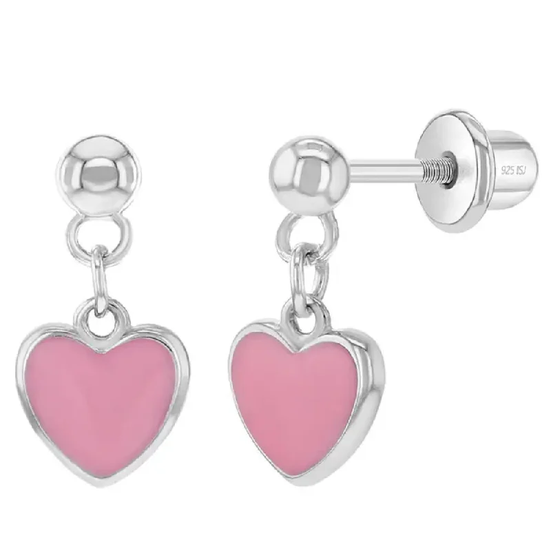 Sleek hoop earrings with angular stone ear flair -Children's Sterling Silver & Pink Enamel Heart Dangle Screwback Earrings