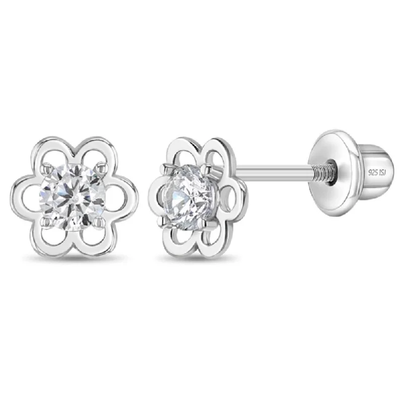 Hoop earrings featuring aquamarine for cool blue ear glow -Children's Sterling Silver Solitaire Flower Clear CZ Earrings