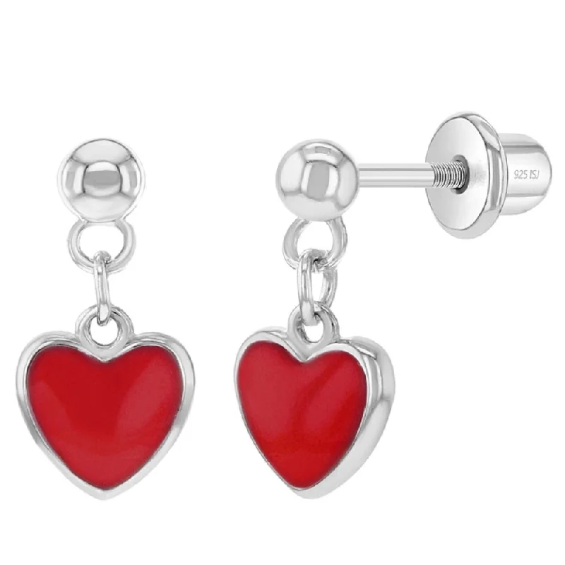 Stackable hoop earrings perfect for ear layering style -Children's Sterling Silver & Red Enamel Heart Dangle Screwback Earrings