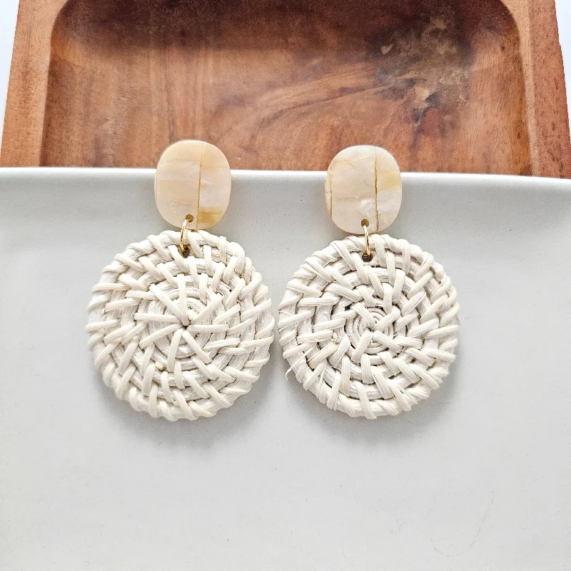 Rustic hoop earrings with textured stone hoop charm -Dominica Earrings - Light Rattan