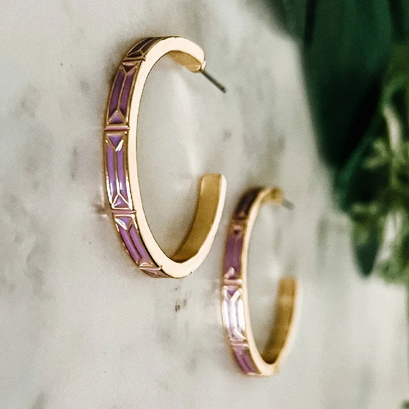 Hoop earrings perfect for kids with colorful stones -Purple Enamel and Gold Hoop Earrings