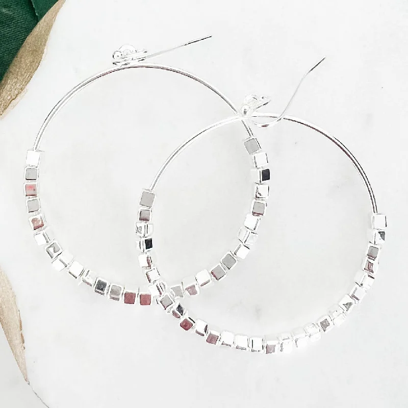 Hoop earrings inspired by nature with floral stones -Silver Beaded Circle Hoop Earrings