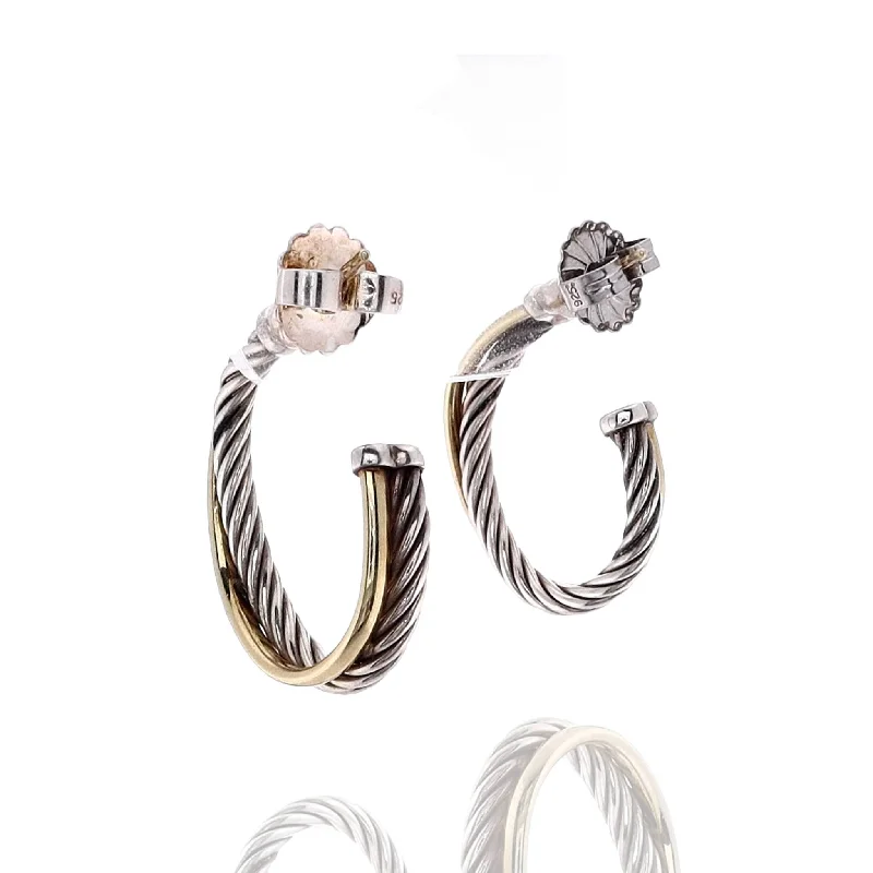 Hoop earrings featuring hematite for dark stone ear glow -Estate David Yurman Sterling Silver and 18k Yellow Gold Crossover Cable Hoops Earrings