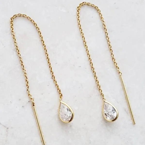 Dainty hoop earrings ideal for delicate ear accents -Gold Crystal Threader Earrings - Clear