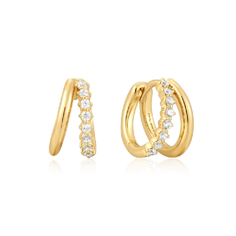 Gold hoop earrings adding sunny shine to ears -Gold Plated Cubic Zirconia Double Huggie Hoop Earrings by Ania Haie