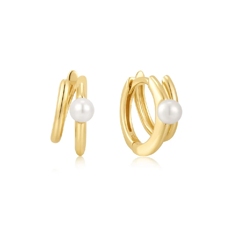 Hoop earrings inspired by oceans with blue stones -Gold Plated Pearl Double Huggie Hoop Earrings by Ania Haie