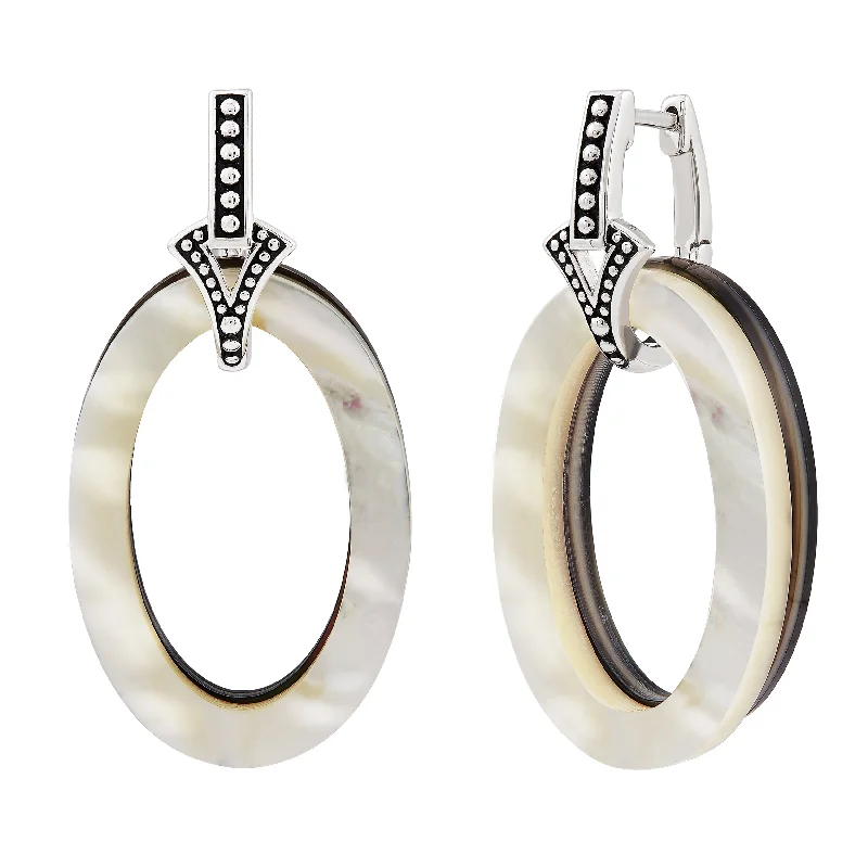 Mixed hoop earrings with dual metal ear styles -Honora Sterling Silver Oval Interchangeable White and Black Mother of Pearl Hoops