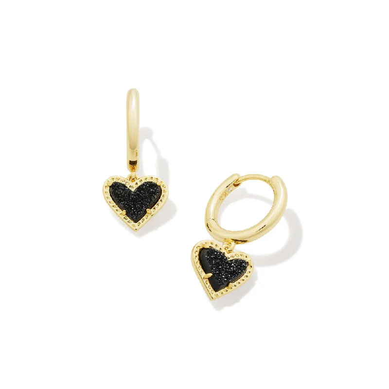 Hoop earrings featuring malachite for green ear swirls -Kendra Scott Ari Gold Heart Huggie Earrings in Black Drusy