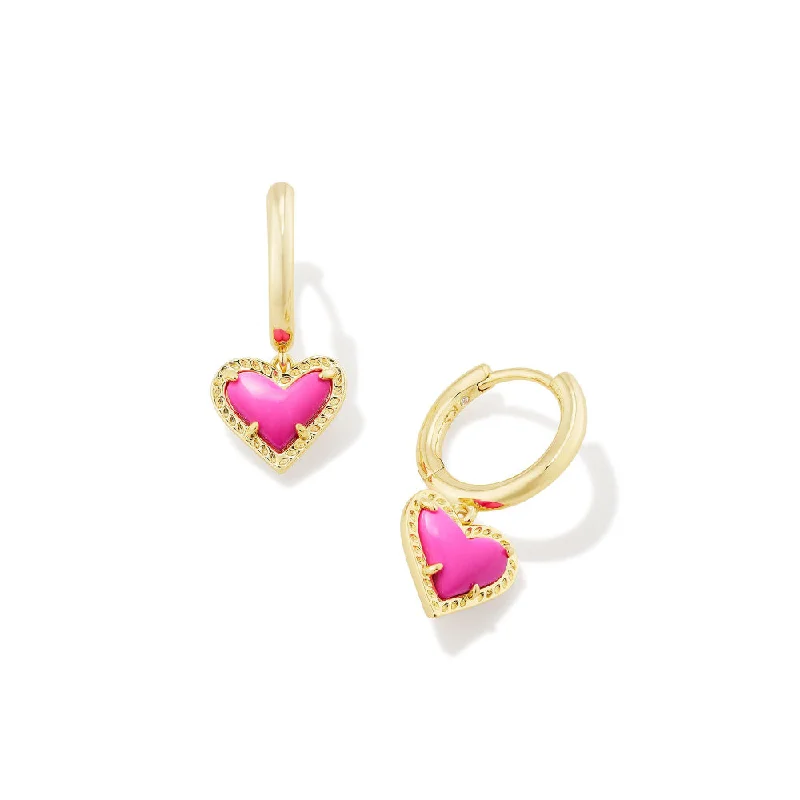 Fringe hoop earrings with stone drops for play -Kendra Scott Ari Gold Heart Huggie Earrings in Neon Pink Magnesite