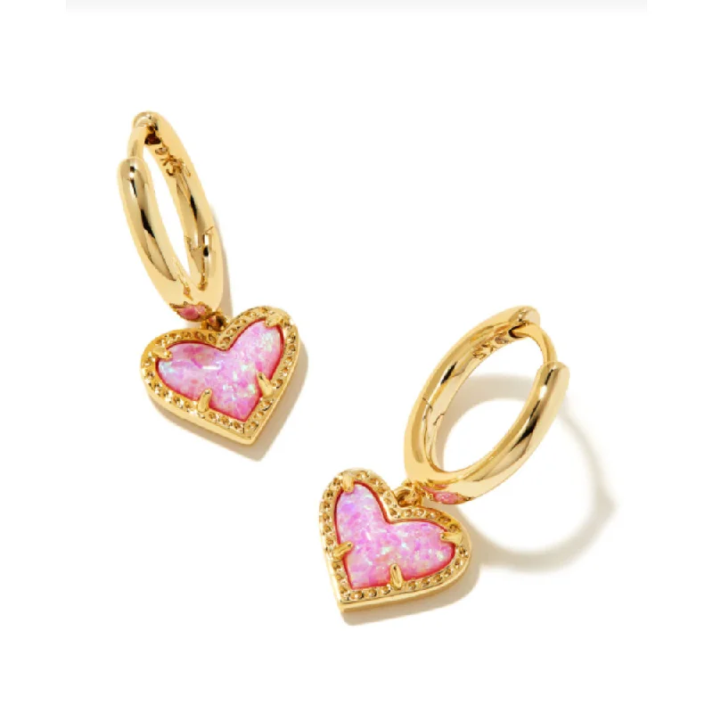 Hoop earrings featuring rose quartz for tender pink -Kendra Scott Ari Heart Huggie Earring Gold-Bubble Gum Pink Opal