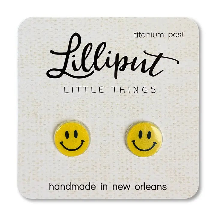 Open hoop earrings with airy stone hoop designs -Lilliput Little Things Happy Face Earrings