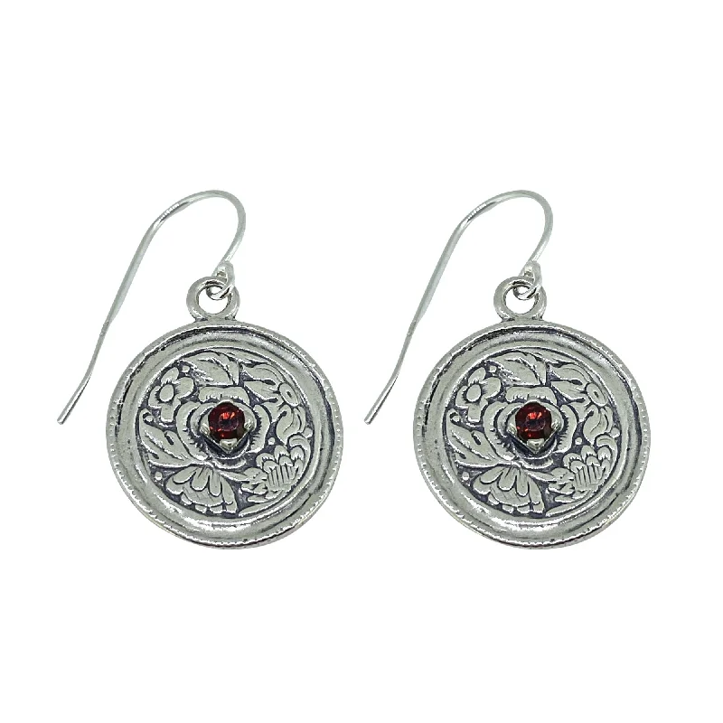 Hoop earrings featuring hematite for dark stone ear glow -Round Textured Design and Small Garnet Earrings E7685