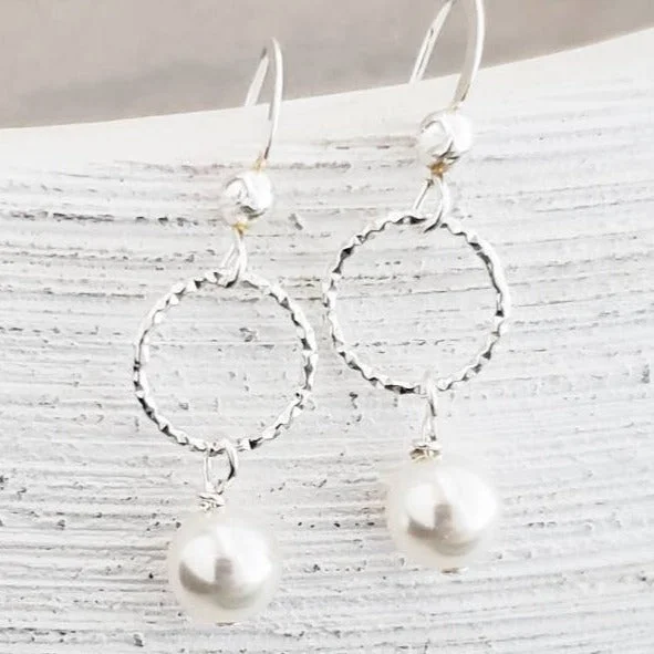 Chic hoop earrings perfect for stylish everyday ear wear -Silver Diamond Cut w/Crystal Pearls Earrings- White