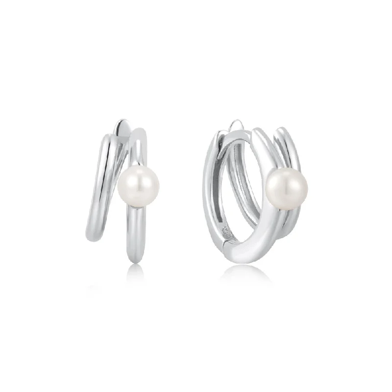 Quirky hoop earrings with offbeat stone ear designs -Sterling Silver Pearl Double Huggie Hoop Earrings by Ania Haie