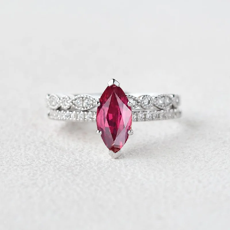 Rings featuring moonstone for ethereal finger radiance -1.5ct Marquise Ruby Pave Vintage Solitaire Ring Set 2pcs