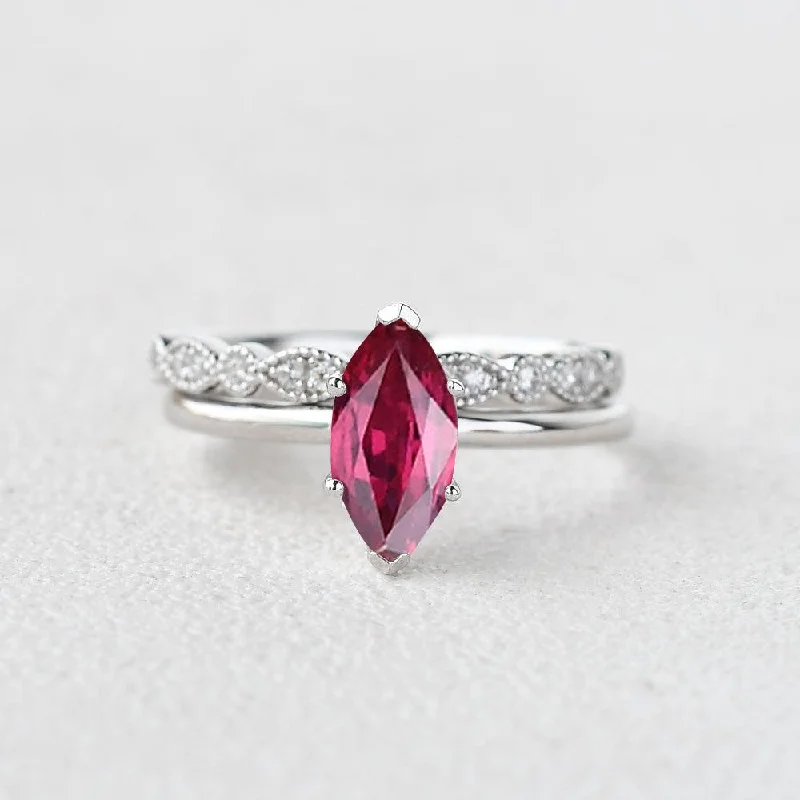 Rings inspired by stars with gemstone finger shine -1.0ct Marquise Ruby Vintage Solitaire Ring Set 2pcs