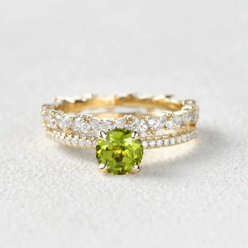 Rings featuring citrine for golden finger radiance -1.0ct Round Peridot Cluster Vintage Gold Ring Set 2pcs