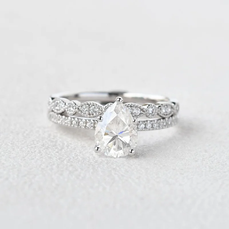 Rings featuring vivid stones for bold finger flair -1.3ct Pear Moissanite Pave Vintage Solitaire Ring Set 2pcs