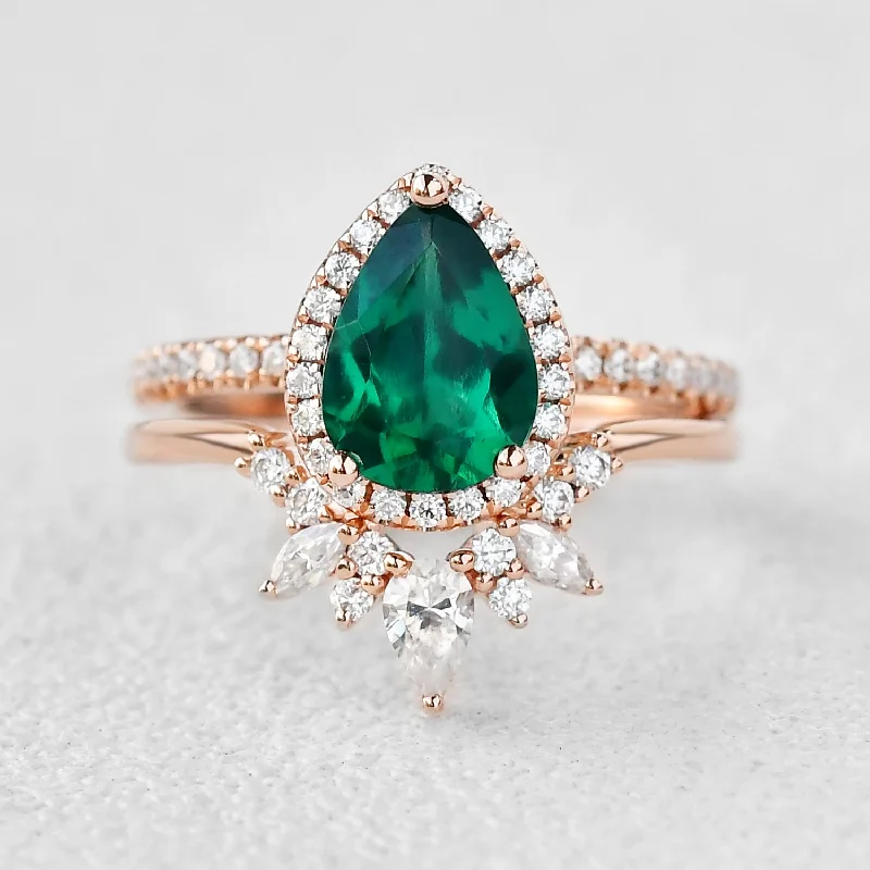 Vermeil rings with golden gemstone finger brilliance -1.5ct Pear Shaped Emerald Cluster Halo Ring Set 2pcs