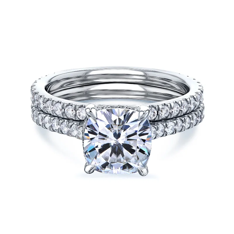 Stackable rings designed for fun finger layering style -2ct Cushion Moissanite Drop Halo Bridal Set