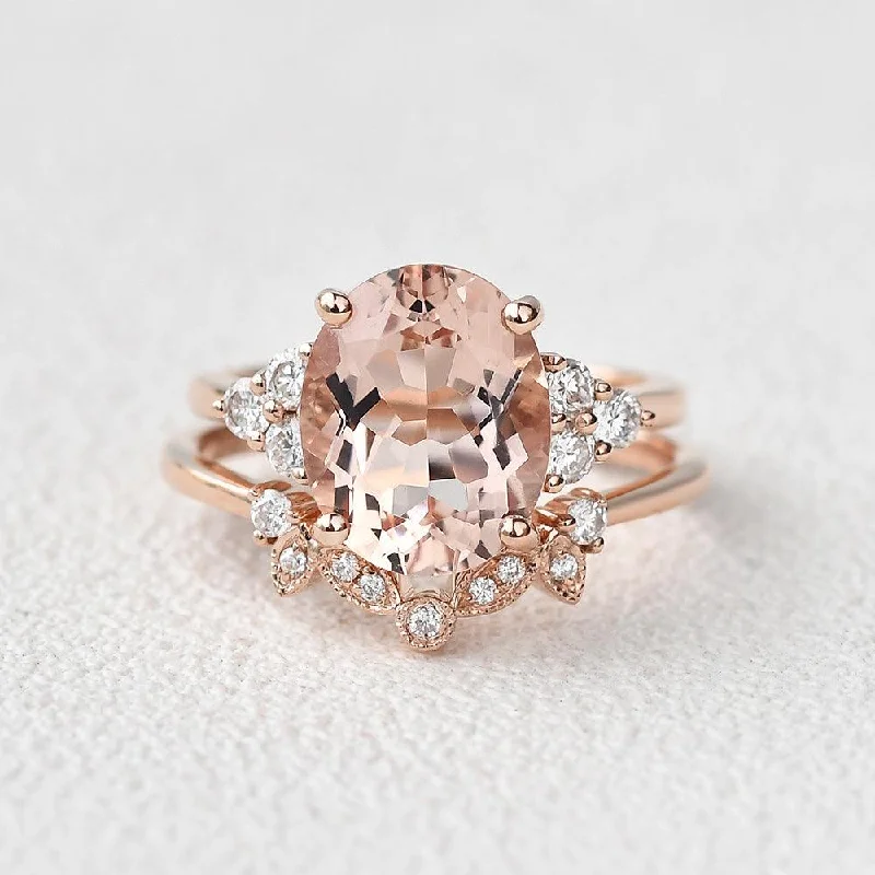 Tribal rings with ethnic stone finger patterns -4.75ct Oval Cut Peachy Morganite Rose Gold Ring Set 2pcs