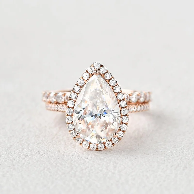 Rings inspired by vintage with gemstone finger charm -3.5ct Pear Shaped Moissanite Ring Set 2pcs