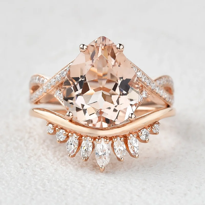 Rings featuring smoky quartz for earthy finger tones -4.75ct Pear Shaped Morganite Infinity Ring Set 2pcs