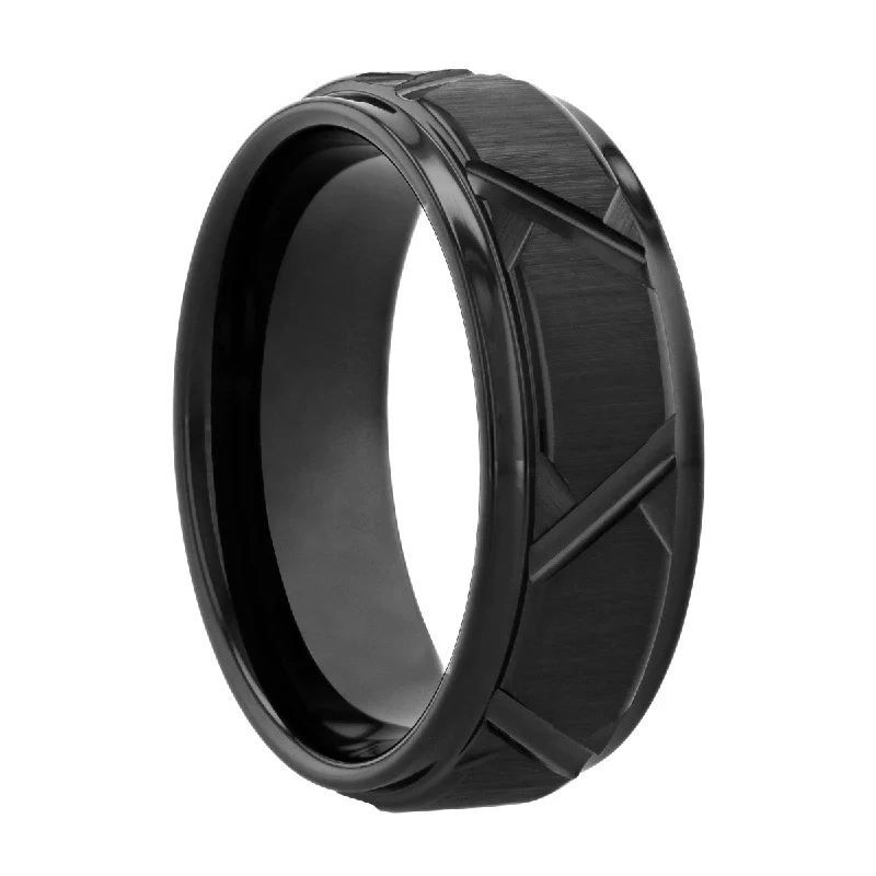 Dainty rings ideal for delicate finger embellishments -Cobalt Black Etched V Design Band, 8MM