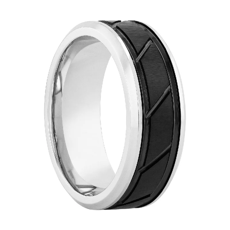 Curved rings perfect for matching with other bands -Cobalt Two-Tone Black Band With Slant Center, 8MM